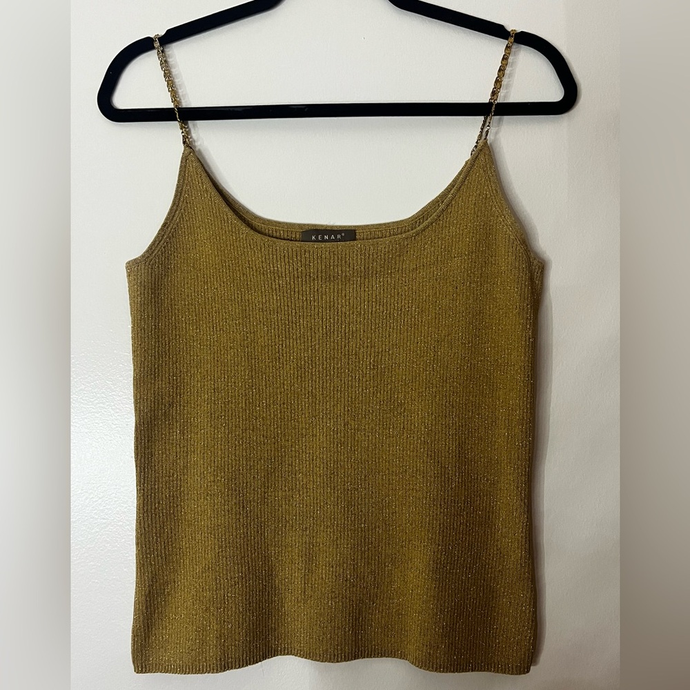 Kenar Vintage Y2K Gold Shimmery Metallic Ribbed Chain Strap Tank Cami Blouse Top